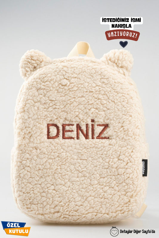 [İSTEDİĞİNİZ İSMİ NAKIŞLA YAZIYORUZ] - Teddy-Peluş Bej 0-8 Yaş - Kreş, Anaokulu Çocuk Sırt Çantası