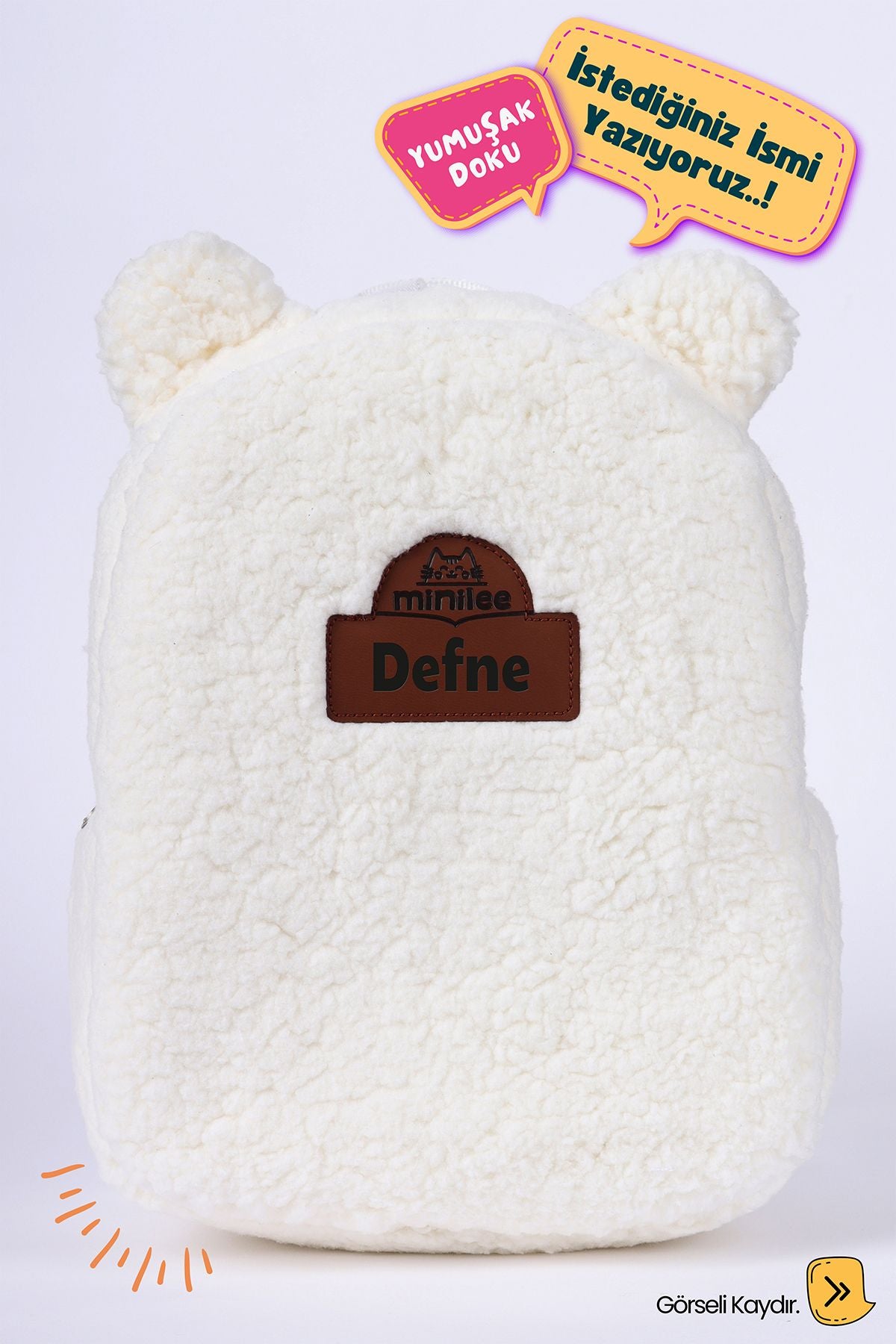 [İSTEDİĞİNİZ İSMİ YAZIYORUZ] - Teddy-Peluş Krem-Beyaz 0-8 Yaş - Kreş, Anaokulu Çocuk Sırt Çantası