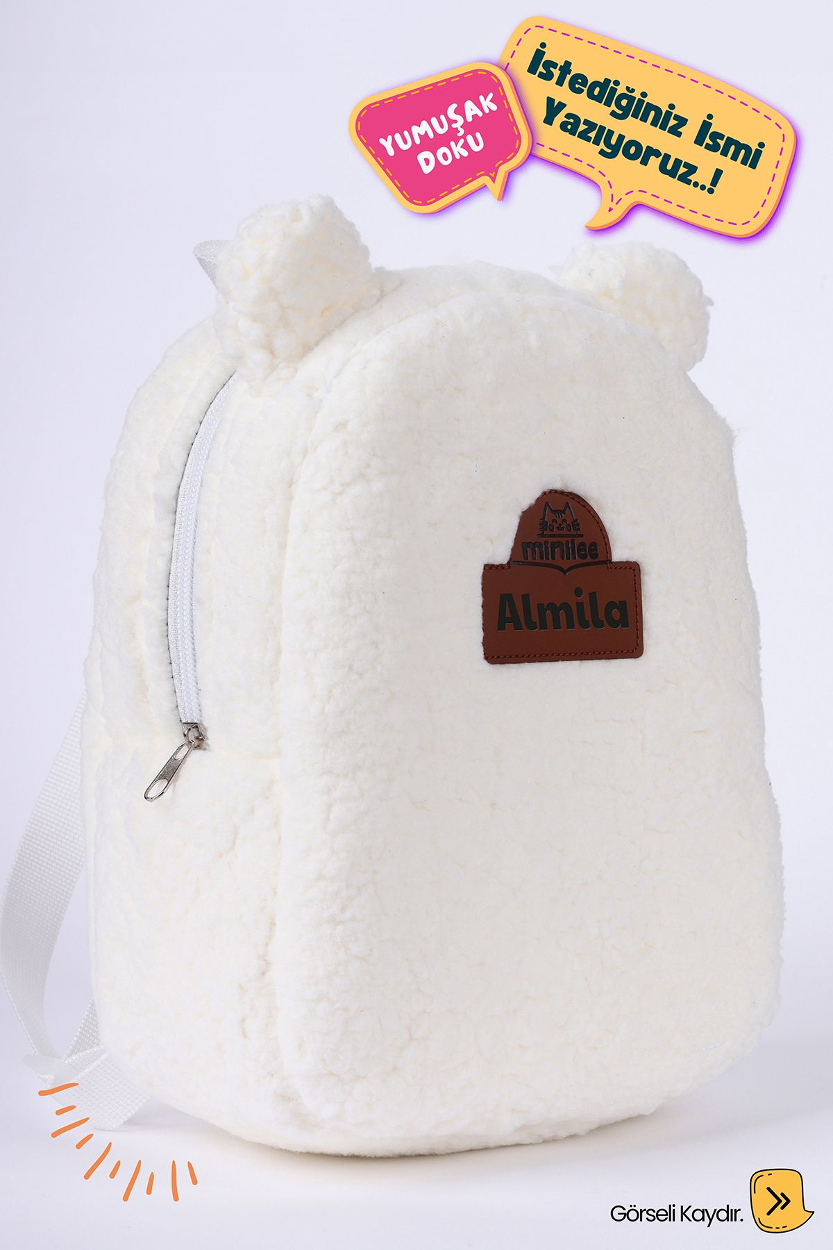 [İSTEDİĞİNİZ İSMİ YAZIYORUZ] - Teddy-Peluş Krem-Beyaz 0-8 Yaş - Kreş, Anaokulu Çocuk Sırt Çantası