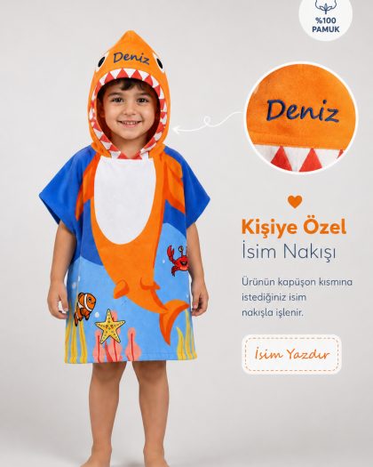 Minik Köpekbalığı - İsimli Çocuk Kapşonlu Panço Havlu – Deniz, Havuz ve Banyo Bornoz Pançosu 2-8 Yaş