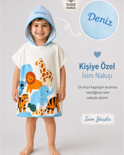 Safari Dostları - İsimli Çocuk Kapşonlu Panço Havlu – Deniz, Havuz ve Banyo Bornoz Pançosu 2-8 Yaş