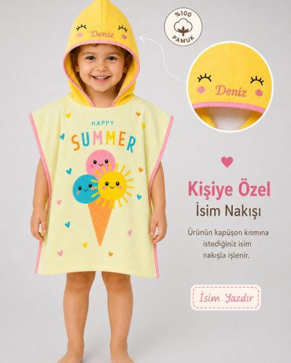 Happy Summer - İsimli Çocuk Kapşonlu Panço Havlu – Deniz, Havuz ve Banyo Bornoz Pançosu 2-8 Yaş