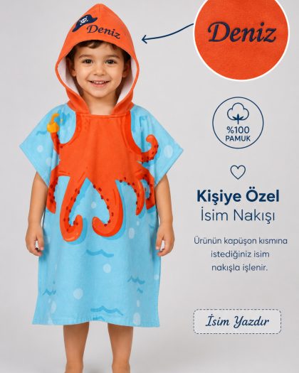 Kaptan Ahtapot - İsimli Çocuk Kapşonlu Panço Havlu – Deniz, Havuz ve Banyo Bornoz Pançosu 2-8 Yaş
