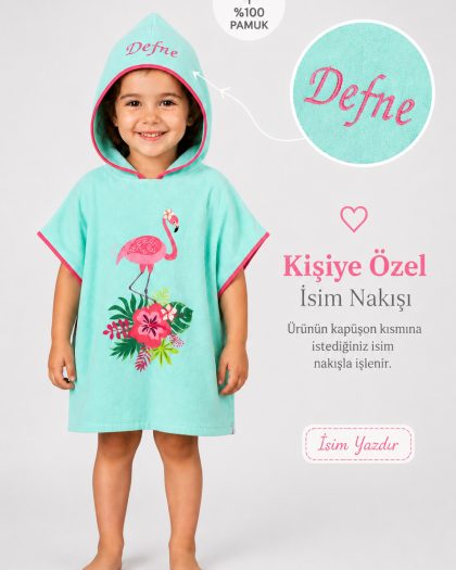 Flamingo Bahçesi - İsimli Çocuk Kapşonlu Panço Havlu – Deniz, Havuz ve Banyo Bornoz Pançosu 2-8 Yaş